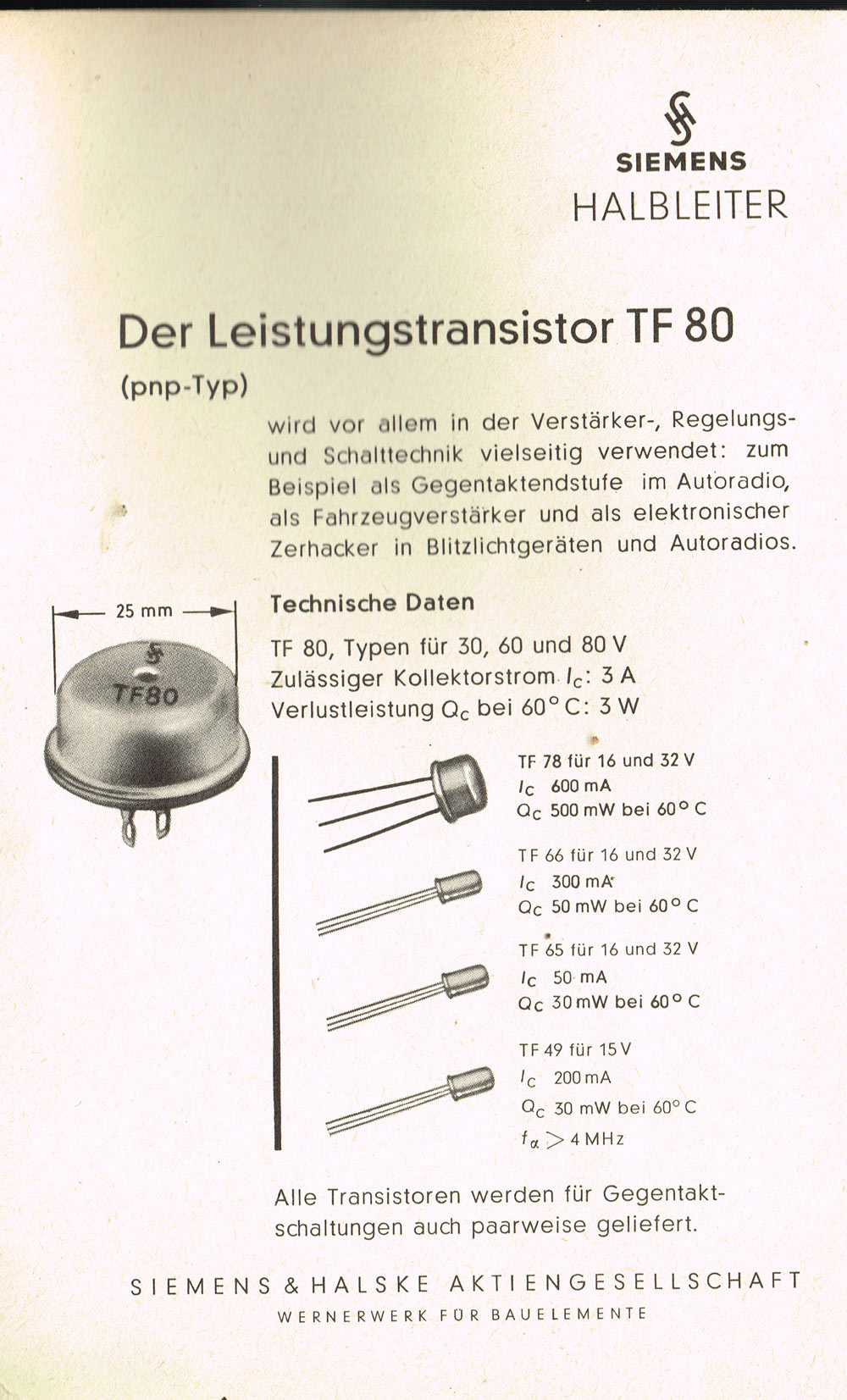 Transistor SIEMENS Spezialgehäuse TF80/30 V alter Germanium Leistungs