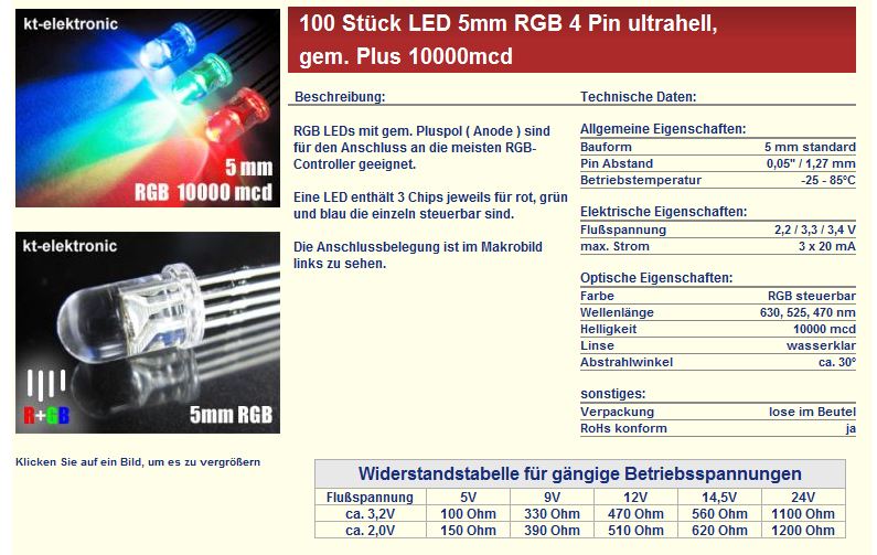10 Stück LED 5mm RGB + Plus ultrahell 10000mcd 4 Pin steuerbar gem 
