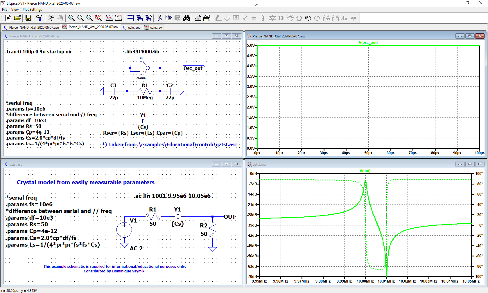 LTspice Pierce Oszillator Mit CMOS Inverter Und XTAL LTspice Pierce Oszillator Mit CMOS Inverter Und XTAL