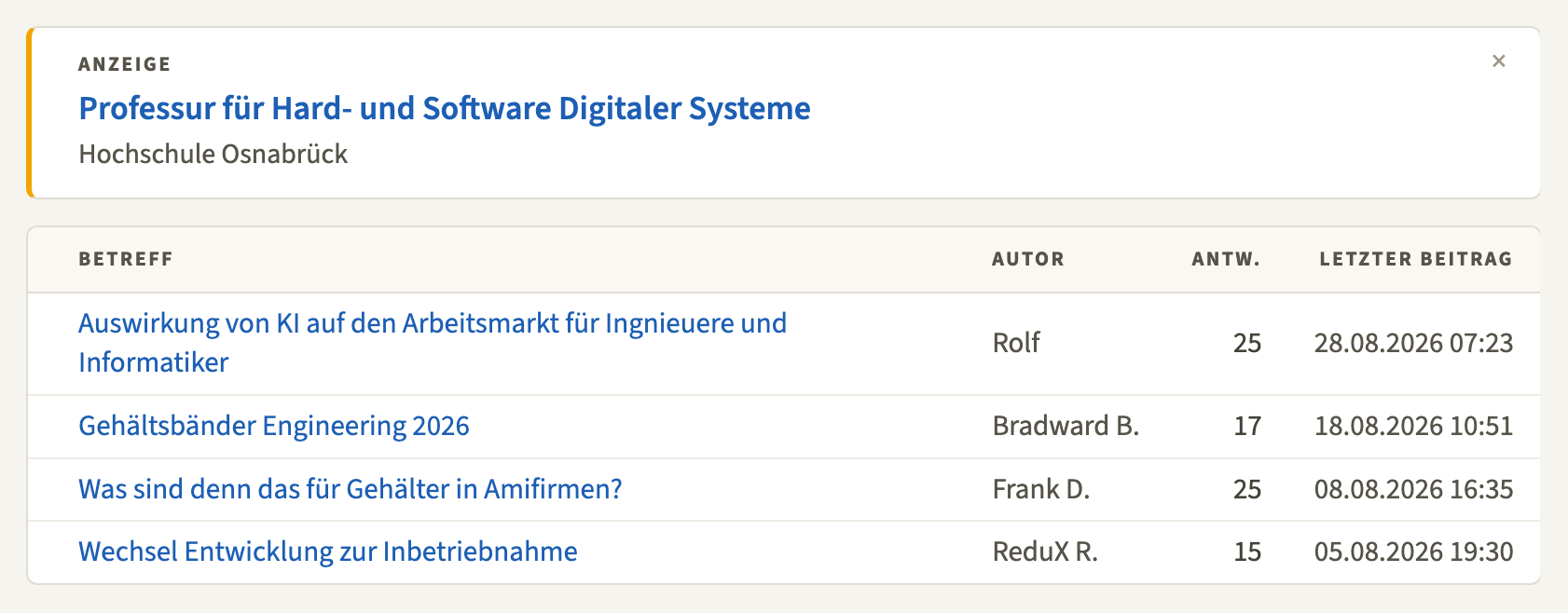 Beispiel einer Stellenanzeige über der Beitragsübersicht im Forum &bdquo;Ausbildung, Studium & Beruf&ldquo;