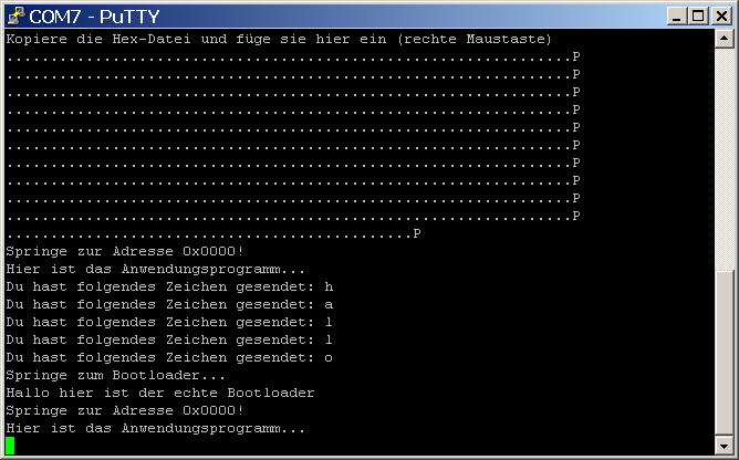 PuTTY: Rücksprung zum Bootloader auf Adresse 0x1800